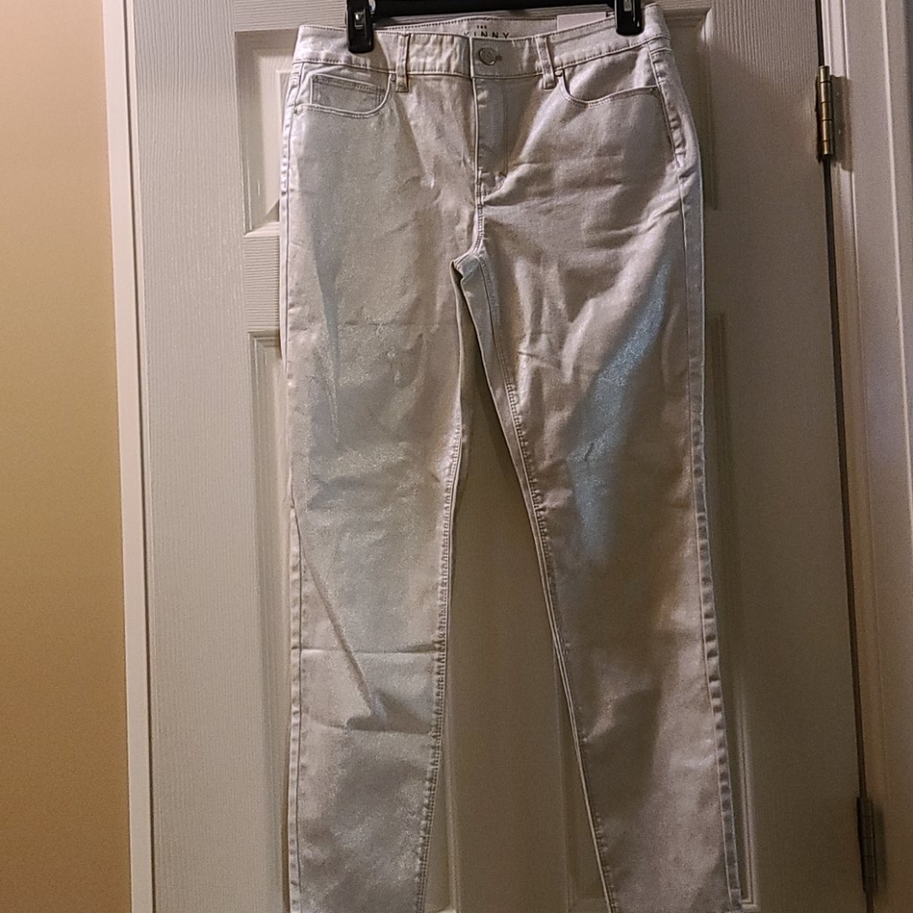 WHBM Shimmery Silver Skinny Jeans